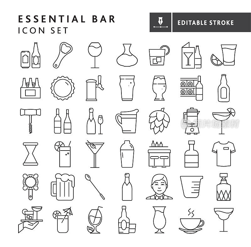 必不可少的餐厅酒吧图标集概念细线风格-可编辑的笔画