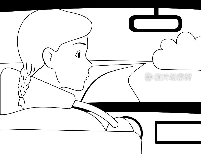 画着黑白线条，女孩在车里沿着田野的道路行驶。她看着后视镜。旅行者在旅行。