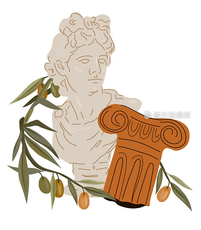 古董阿波罗神大理石雕像和双耳瓶花瓶用橄榄枝，扁平矢量孤立。