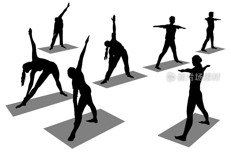 孤立在白色背景上的人群轮廓向量集。和瑜伽教练一起进行体育锻炼。热身，弯腰，抬起手臂。双脚与肩同宽，双臂放在两侧。7个人。
