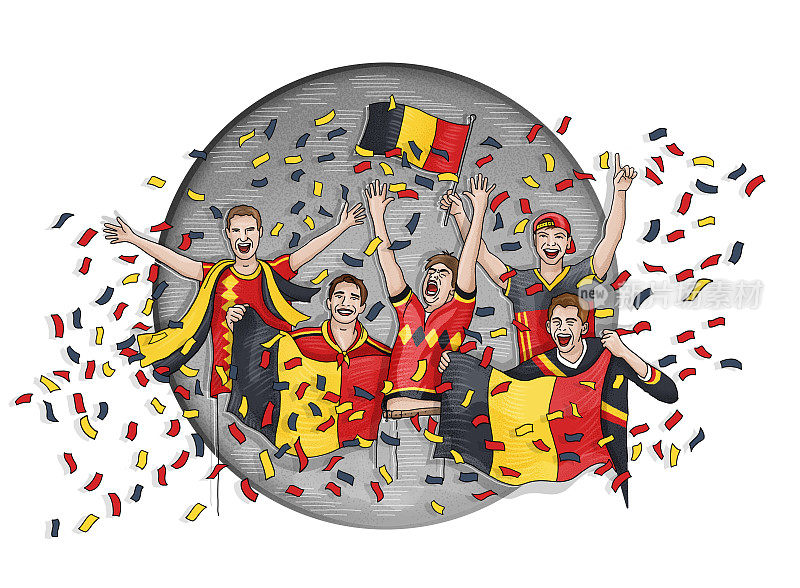 五名球迷举着比利时国旗庆祝