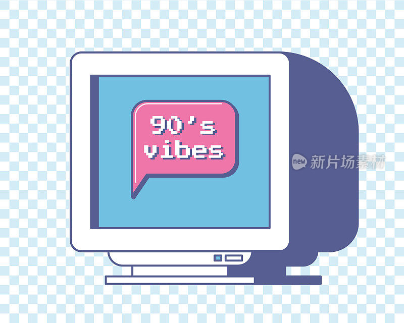 可爱的复古电脑显示器，屏幕上有一个语音气泡。词汇——90年代的氛围。怀旧的老电脑美学。蓝色方格背景上的矢量插图