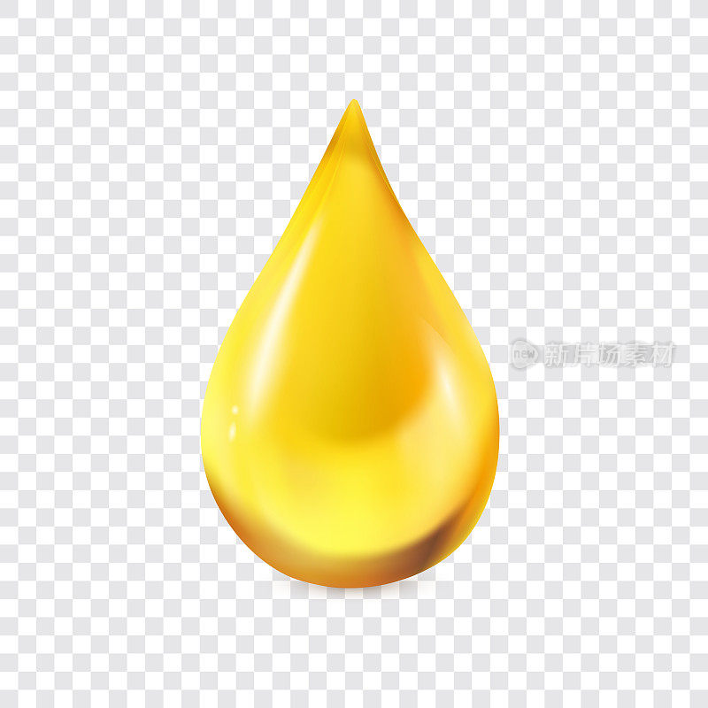 油滴矢量插图。逼真的金色水滴在透明的背景。黄金胶原蛋白精华，3d维他命图标。医疗保健和医学概念