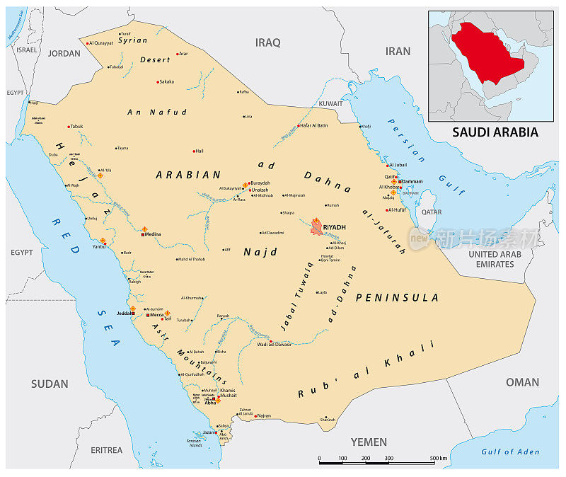 沙特阿拉伯王国的详细矢量地图