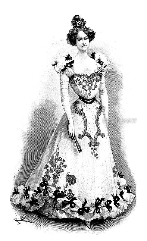古董形象:女性时尚，1898年，长袍曼奇尼