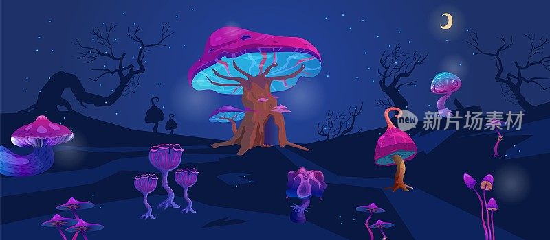 夜间景观与魔法发光蘑菇卡通矢量插图。游戏背景。