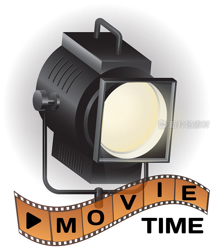 电影时间横幅与聚光灯拍摄演员，电影带在白色背景。电影的节日