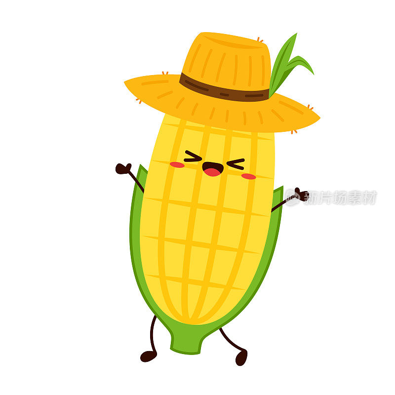 玉米卡通矢量。可爱的蔬菜矢量人物孤立在白色上。玉米的吉祥物。农民的帽子。农民帽向量。