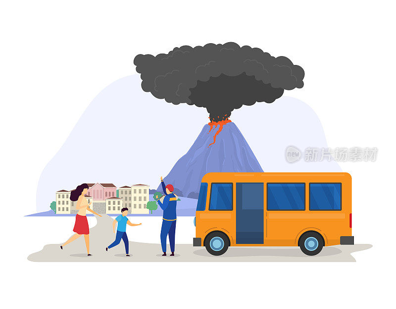 自然灾害云爆发火山疏散，救援拯救人们从灾难城市孤立的人口，白色，卡通矢量插画。
