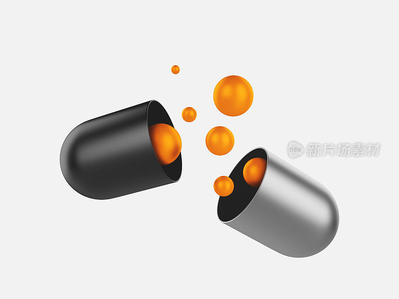与药物使用相关的3d插图。橙色的圆圈从药丸胶囊中伸出来。