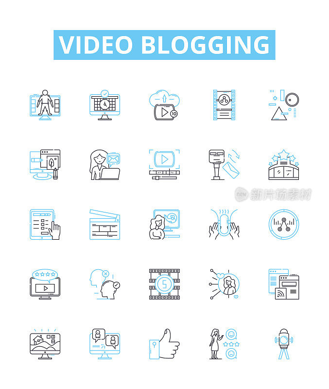 视频博客矢量线图标集。视频博客，视频博客，视频博客，博客，视频，流，油管插图大纲概念符号和标志