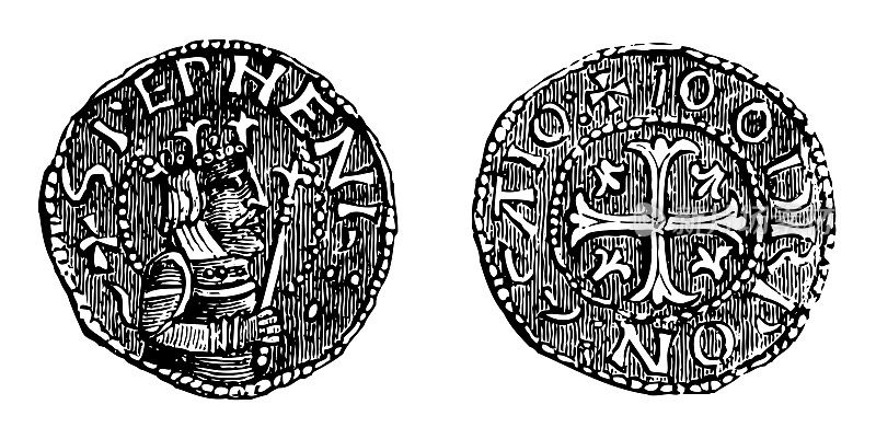 英格兰国王斯蒂芬的中世纪银便士(1135-1154)-复古雕刻插图