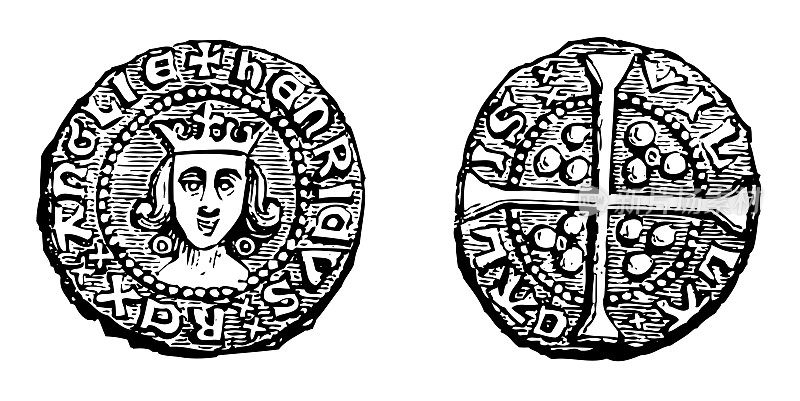 中世纪亨利五世或蒙茅斯的亨利的便士-英格兰国王(1413-1422)-古董雕刻插图