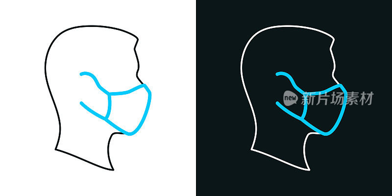 侧面戴医用防护口罩。黑色或白色背景上的双色线图标-可编辑的笔画