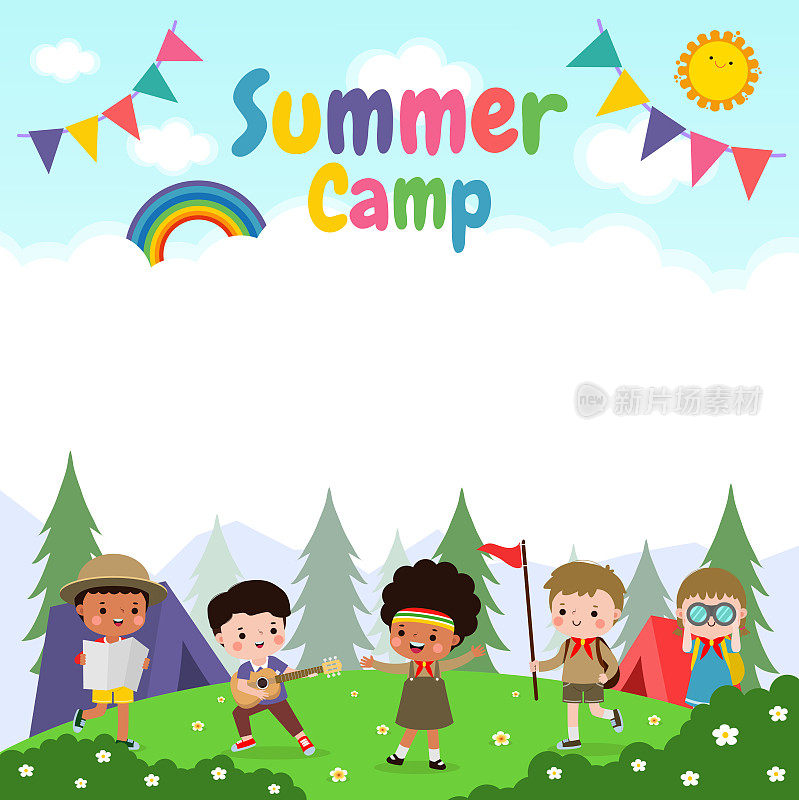 儿童夏令营背景教育横幅模板与儿童在露营海报传单上做活动的卡通广告小册子，你的文本，矢量插图