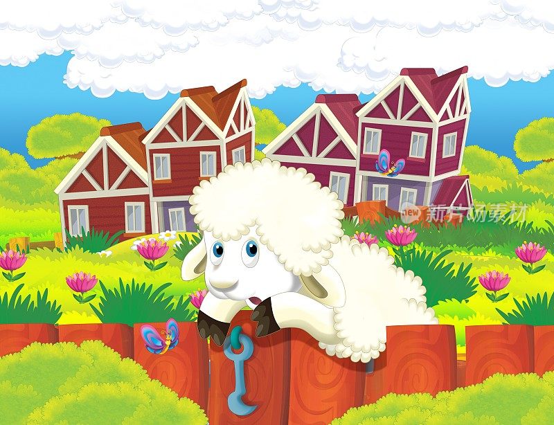 农场生活的卡通场景，羊在农舍和谷仓附近的木栅栏上思考-为孩子们做插图