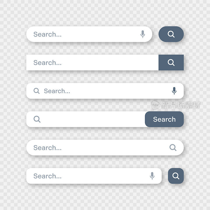 各种搜索栏模板。Internet浏览器引擎与搜索框，地址栏和文本字段。UI设计，网站界面元素与网页图标和按钮。矢量图