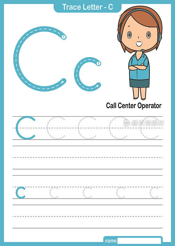 字母跟踪字母A到Z学龄前工作表与字母C呼叫中心亲矢量