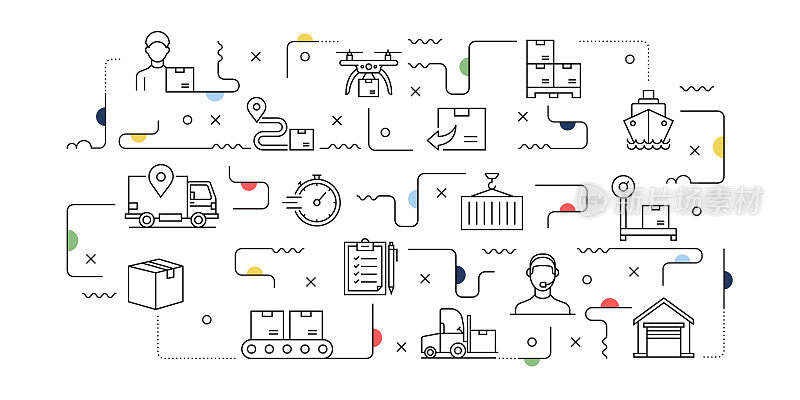 配送和物流相关的矢量横幅设计概念，现代线条风格与图标