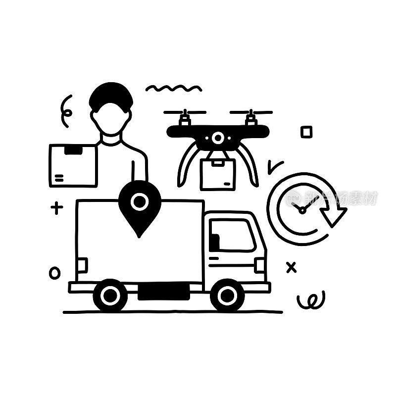 与快递服务相关的设计与线路图标。快递,运输,紧急,包裹。