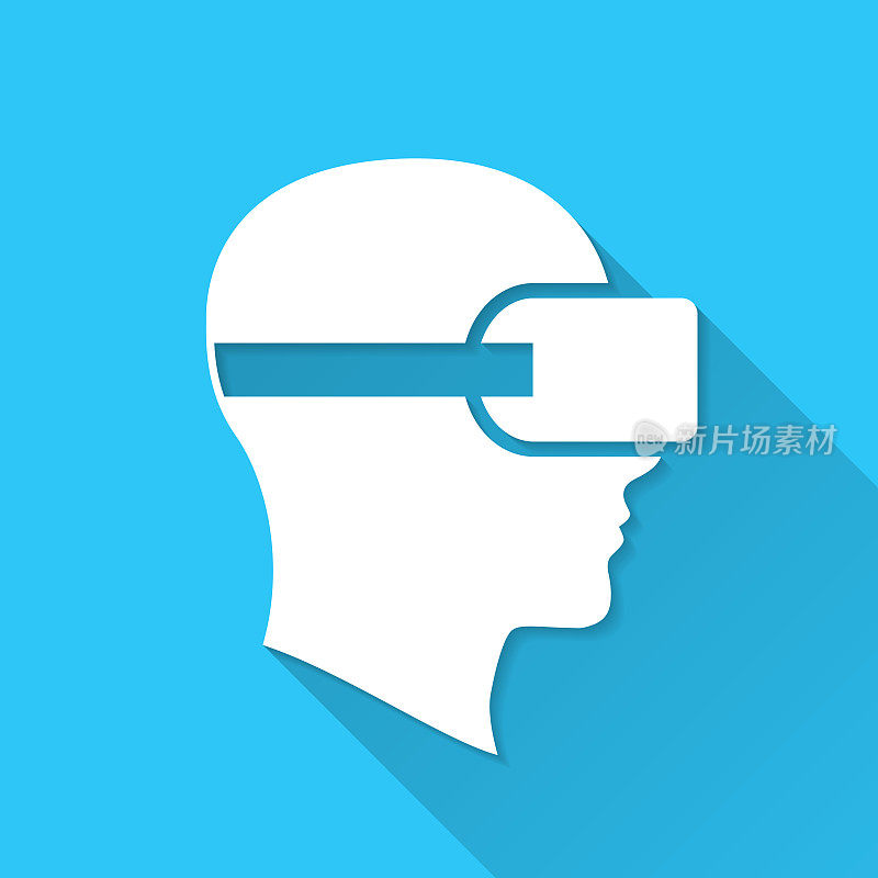 头戴VR虚拟现实头盔。图标在蓝色背景-平面设计与长阴影