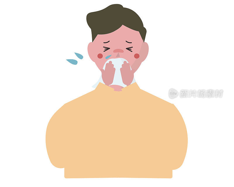 生病的人感冒了用纸巾擤鼻子。矢量图