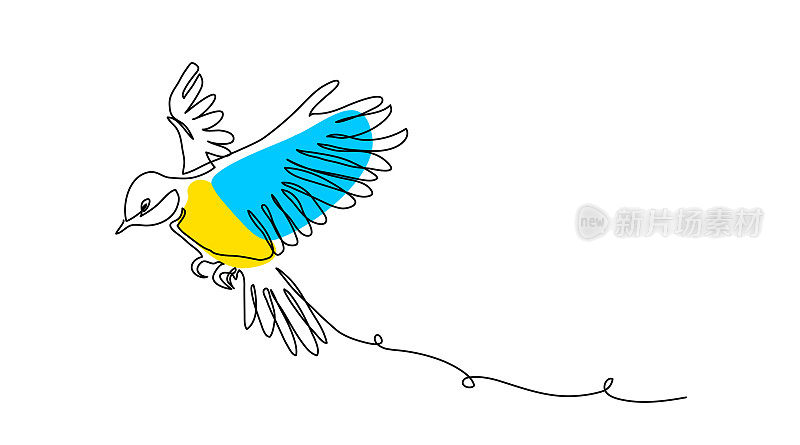大山雀矢量图案在蓝色和黄色的颜色。一幅连续的大山雀飞行线条艺术画