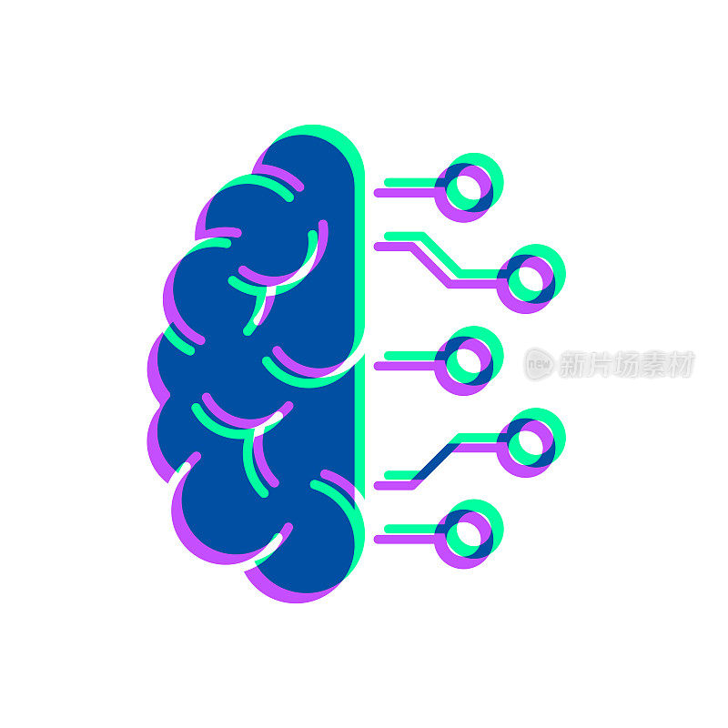 大脑和电路板。图标与两种颜色叠加在白色背景上