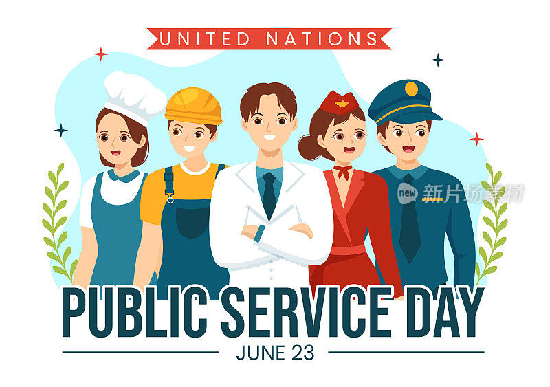 6月23日联合国公共服务日矢量插图，以平面卡通手绘海报模板展示公共服务社区