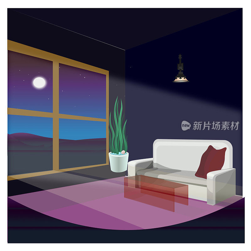 极简主义的客厅内部配有沙发，装饰红色的小玻璃桌，盆栽沙漠植物和月光下的夜草地景观的飘窗
