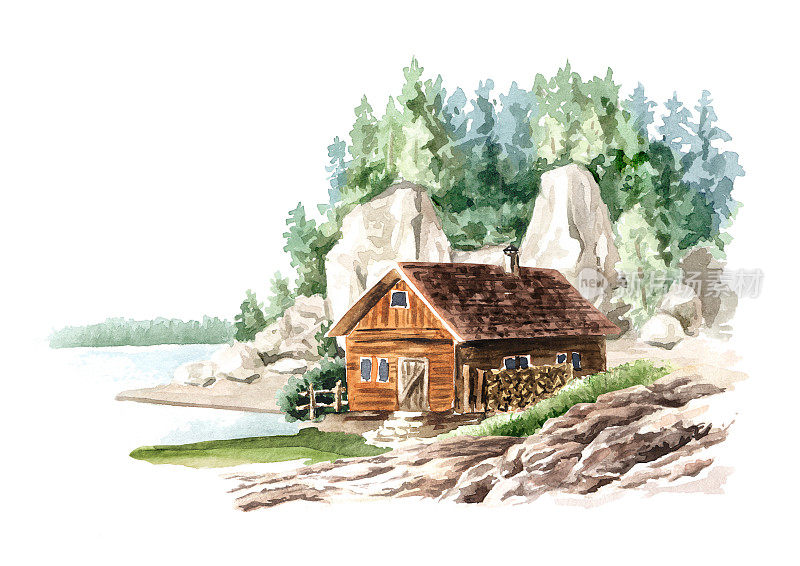 舒适的乡村别墅，靠近河流和山脉。手绘水彩插图，孤立在白色背景上