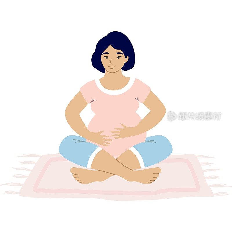 孕妇坐在莲花姿势和呼吸矢量图标隔离在白色背景上
