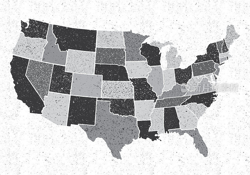 美国各州地图与颗粒纹理-白色背景