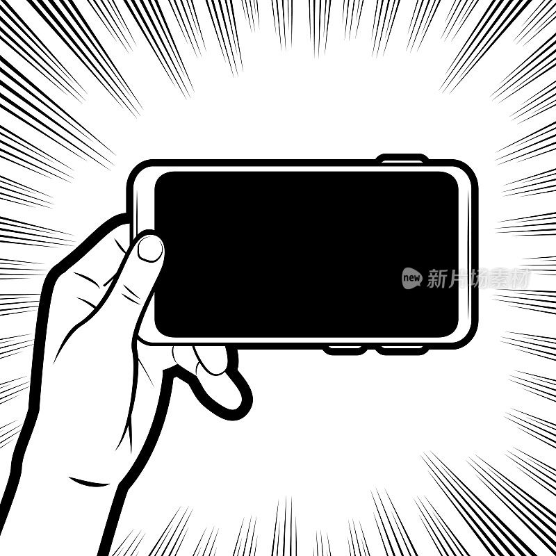 一只手展示着智能手机屏幕，背景是放射状的漫画速度线