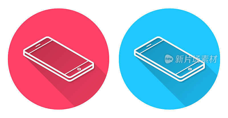 等距智能手机-平面位置。圆形图标与长阴影在红色或蓝色的背景