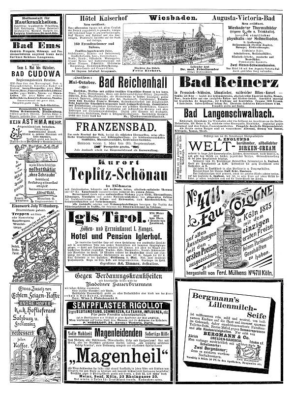 1895年一家德国杂志上的广告，上面有古龙水和威斯巴登