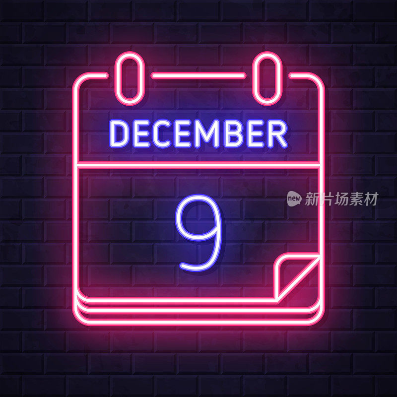 12月9日。在砖墙背景上发光的霓虹灯图标