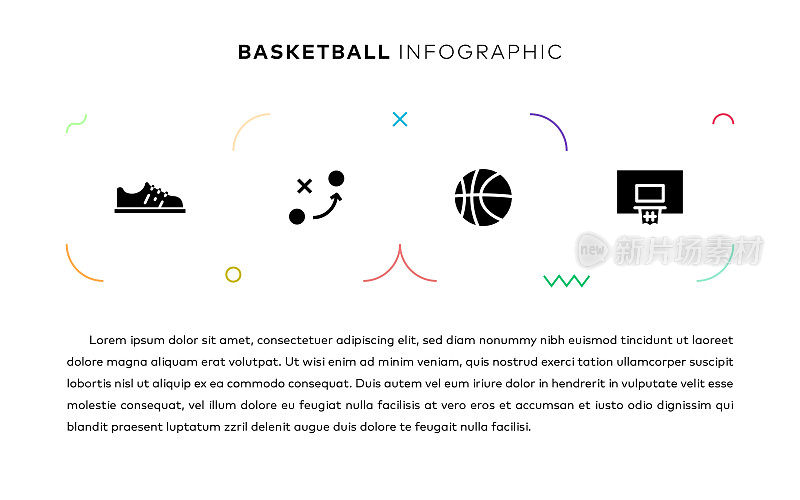 篮球概念信息图表设计与简单的固体图标。这种信息图表设计适用于网站、演示文稿、杂志和小册子。