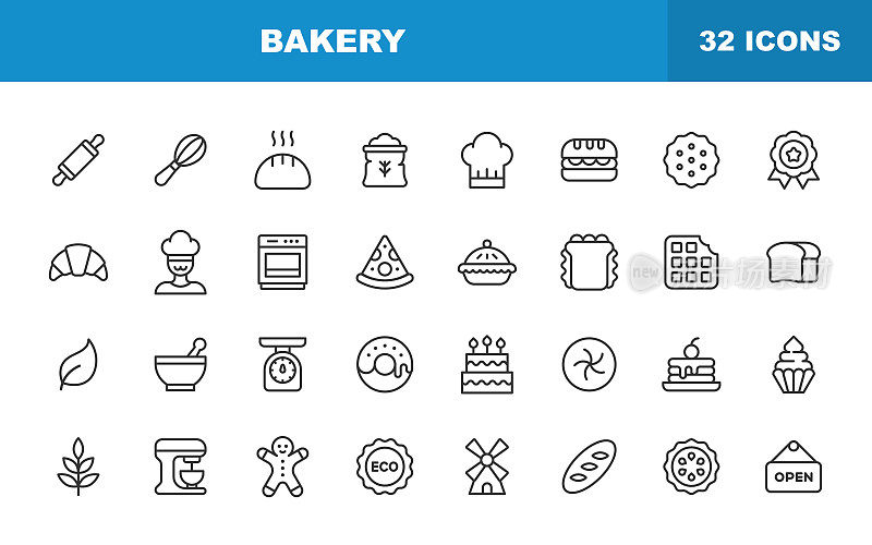 面包店线图标。可编辑的中风。包含这样的图标食品，餐厅，披萨，蛋糕，面包，汉堡包，三明治，煎饼，甜甜圈，苹果派，饼干，甜点。