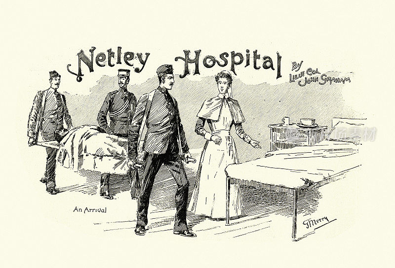 抬着病人去皇家维多利亚医院或内特利医院的担架员，护士，维多利亚保健，19世纪90年代