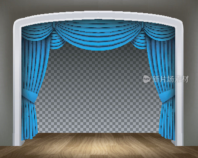 透明背景上的蓝色古典剧场幕布