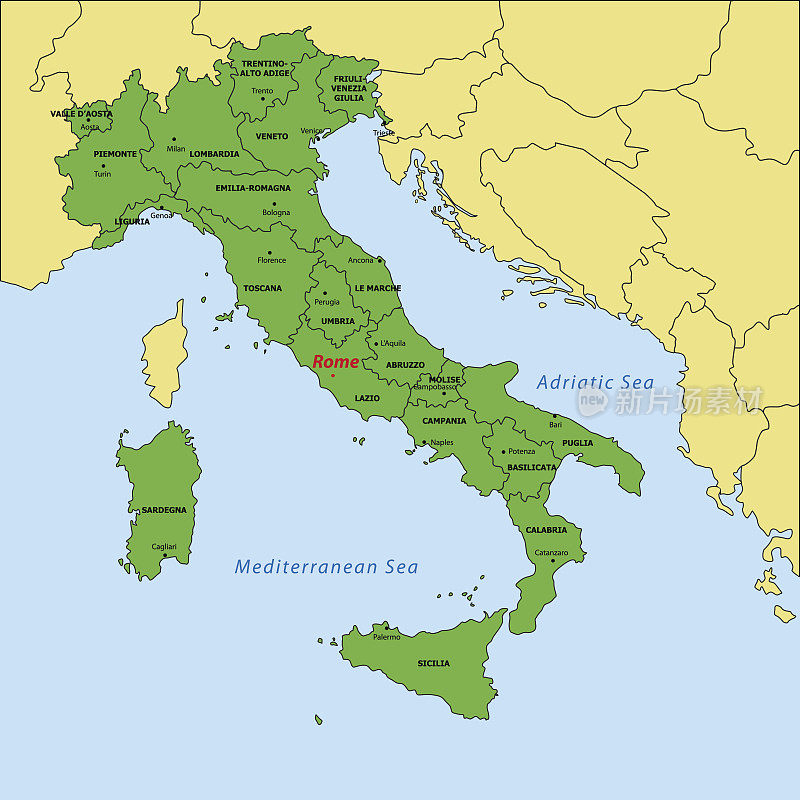 意大利地图与地区和他们的首都