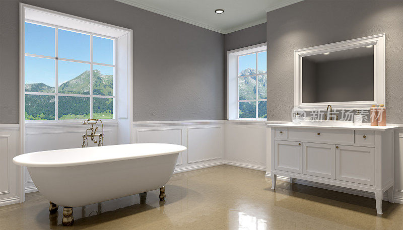 室内美景豪华浴室。3D渲染