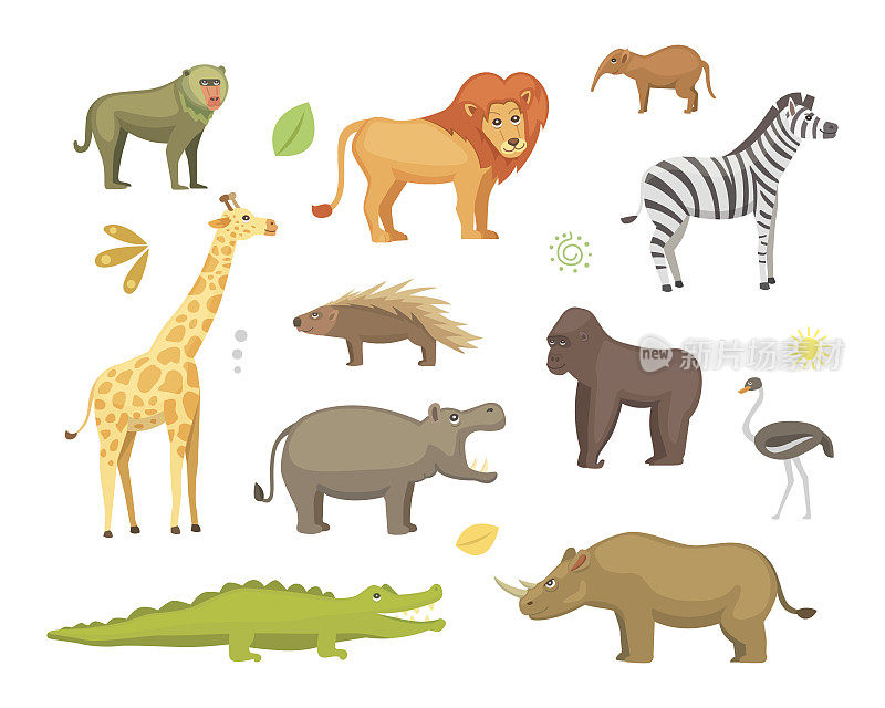 非洲动物卡通向量集。大象、犀牛、长颈鹿、猎豹、斑马、鬣狗、狮子、河马、鳄鱼、大猩猩等。safari孤立的插图。