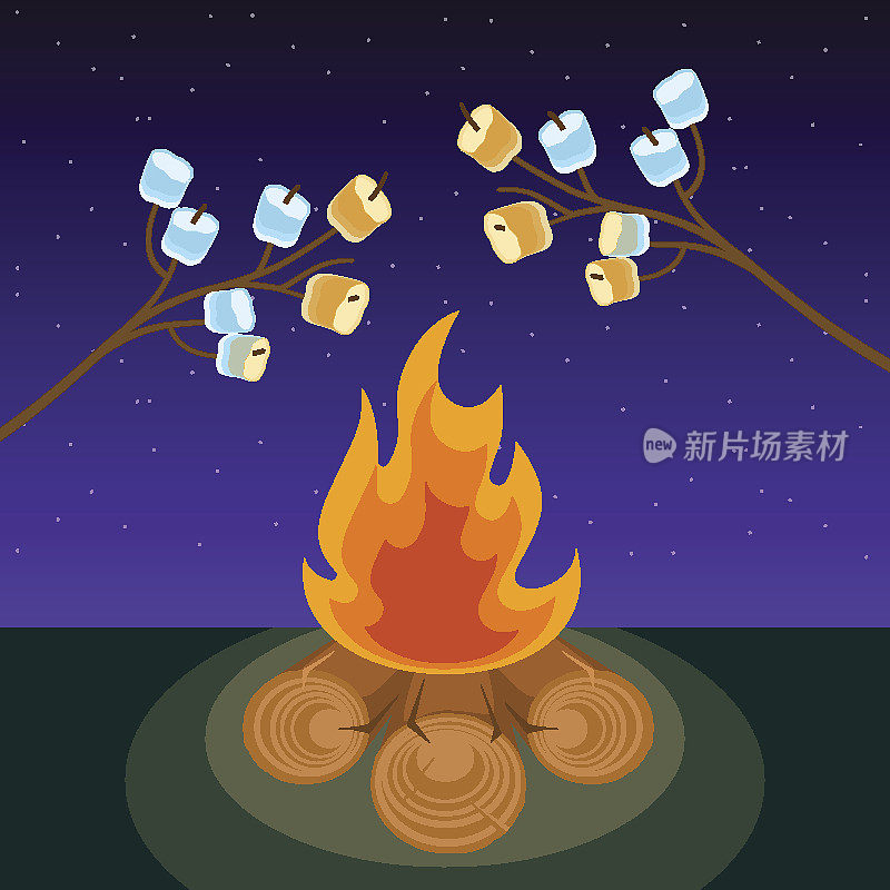 棉花糖串煮在篝火在晚上矢量插图