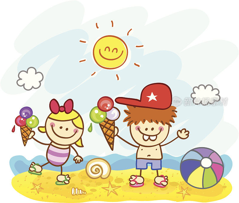 儿童在海滩卡通插图