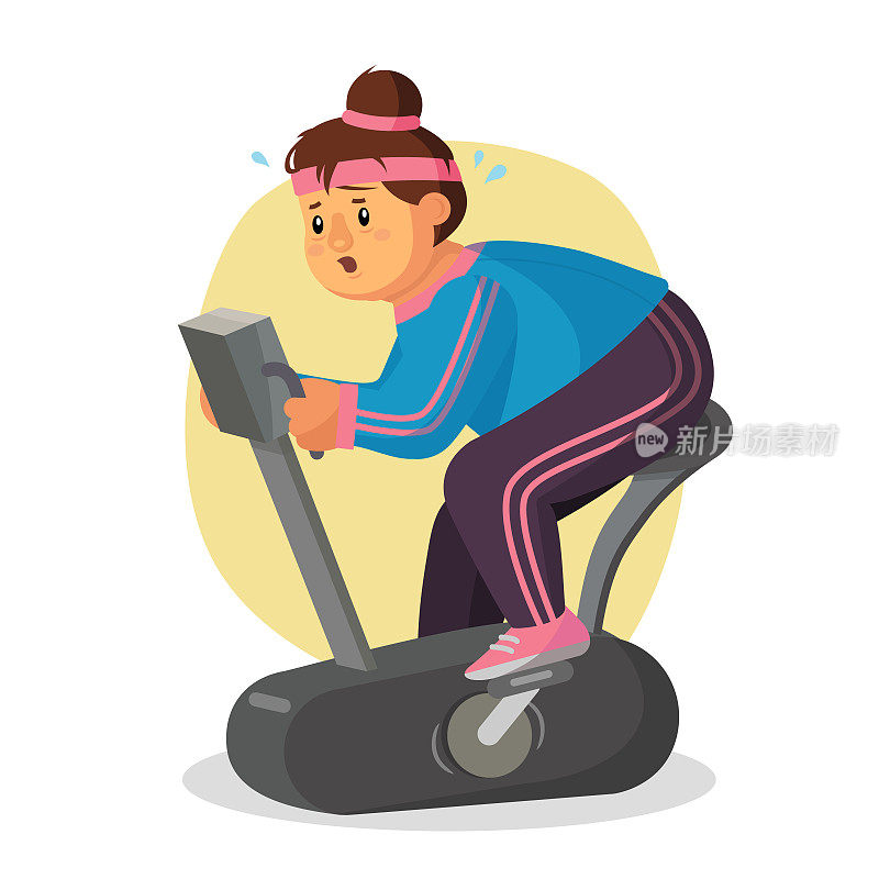 健身矢量中的胖女人。女性在跑步机上跑步。自行车运动。健身训练的女孩。在跑步机上跑步的胖女人。孤立的平面卡通人物插图