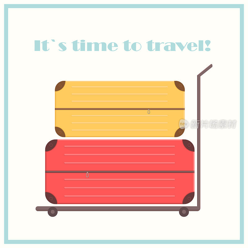 机场手推车上有铭文的彩色行李箱。旅行的概念。矢量图