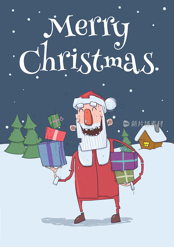 滑稽微笑的圣诞老人的圣诞卡。圣诞老人带着礼物盒在雪夜。圣诞树和节日屋。垂直的矢量图。卡通人物。刻字。副本的空间。