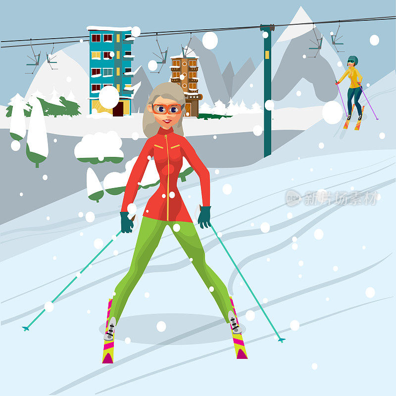 那位年轻女子正在一个滑雪胜地滑雪